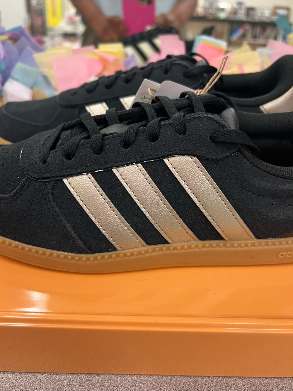 ❗️NWT❗️Adidas Sleeknet Black Suede Sneakers w/ Gold Stripes and Gum Sole - Picture 3 of 8